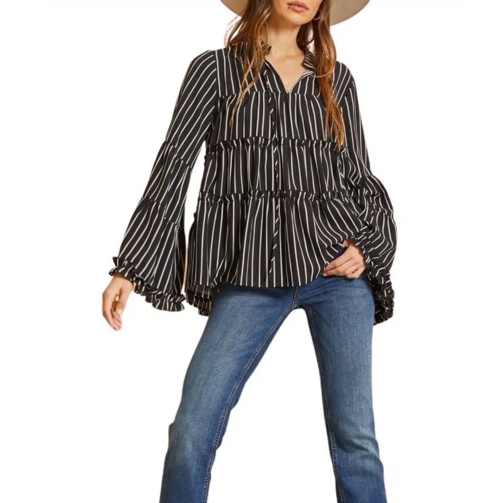 Savanna Jane Small NWT Black & White Stripe Tiered Blouse Tie Neck bell sleeves